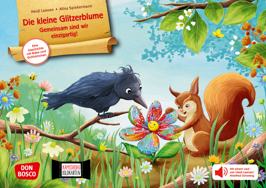 Die kleine Glitzerblume. Gemeinsam sind wir einzigartig! Eine Geschichte mit Rabe und Eichhörnchen. Kamishibai Bildkartenset Die kleine Glitzerblume. Gemeinsam sind wir einzigartig! Eine Geschichte mit Rabe und Eichhörnchen. Kamishibai Bildkartenset von Don Bosco Medien