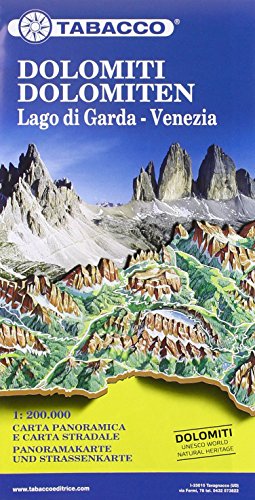 Dolomiti / Dolomiten Road Panoramic Map 1 : 200 000: Lago di Garda - Venezia. Panoramakarte und Strassenkarte von Tabacco editrice
