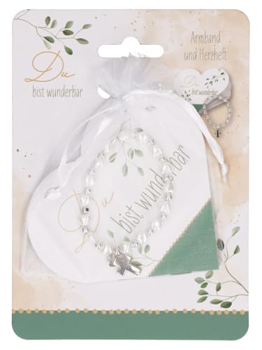Butzon & Bercker Geschenkset zur Erstkommunion für Mädchen – Du bist wunderbar, Stretch-Armband aus Herzperlen mit Kreuz-Anhänger, inkl. Geschenkheft in Herzform, im Organzabeutel von Butzon & Bercker