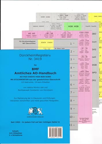 DürckheimRegister® Amtliches AO-Handbuch BMF • MIT Stichworten: 141 Registeretiketten (sog. Griffregister) für AO-FGO-DSGVO-HGB-BGB-GOBD • In jedem Fall auf der richtigen Seite! ® von Dürckheim Verlag