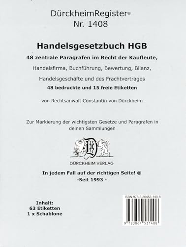 DürckheimRegister® HGB im dtv: 85 Registeretiketten (sog. Griffregister) für das Handelsgesetzbuch HGB mit den wichtigsten Gesetzen und §§. In jedem ... 257). In jedem Fall auf der richtigen Seite® von Drckheim Verlag GmbH