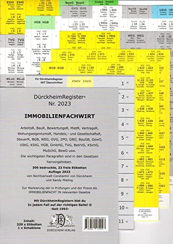 DürckheimRegister® IMMOBILIENFACHWIRT Griffregister: 180 Registeretiketten (sog. Griffregister) für IMMOBILIEFACHWIRTE mit den wichtigsten §§ im BGB, ... BGB, WEG, GVG, GBO, BauGB im Immobilienrecht. von DürckheimRegister Seit 1999 Nr. 1