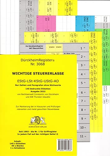 DürckheimRegister® STEUERERLASSE Gesetze und §§ ohne Stichworte: 147 Registeretiketten (sog. Griffregister) für die wichtigsten STEUERERLASSE. In ... usw.. In jedem Fall auf der richtigen Seite® von Dürckheim Verlag