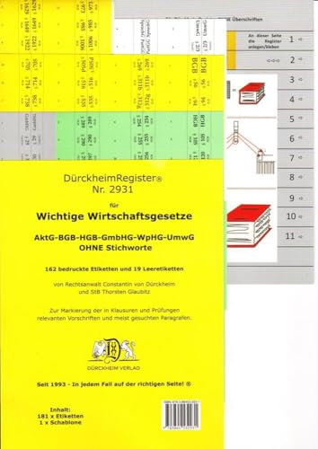 DürckheimRegister® WICHTIGE WIRTSCHAFTSGESETZE (BGB, HGB, GmbHG, AktG, UmwG) §§ und Gesetze ohne stichworte: 155 Registeretiketten (sog. ... In jedem Fall auf der richtigen Seite®