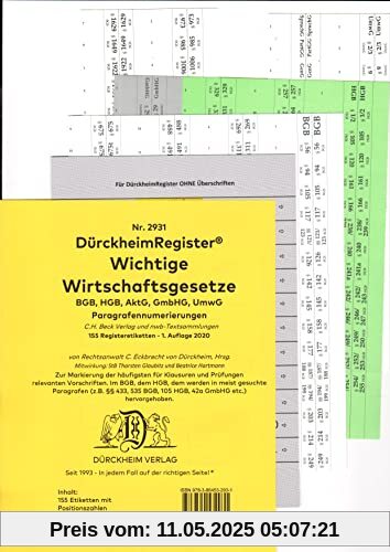 DürckheimRegister® WICHTIGE WIRTSCHAFTSGESETZE (BGB, HGB, GmbHG, AktG, UmwG) §§ und Gesetze ohne stichworte: 155 Registeretiketten (sog. ... In jedem Fall auf der richtigen Seite®