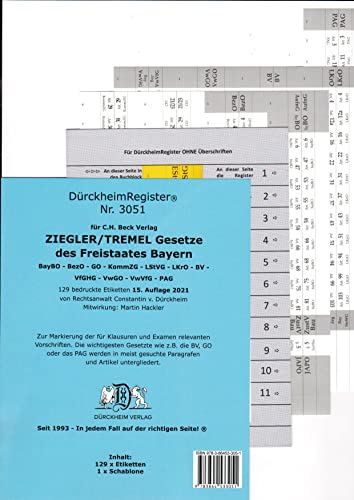 DürckheimRegister® ZIEGLER TREMEL Gesetze Freistaat Bayern: 129 Registeretiketten (sog. Griffregister) für den ZIEGLER TREMEL, C.H. Beck Verlag. In ... . In jedem Fall auf der richtigen Seite®