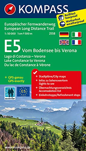 KOMPASS Wander-Tourenkarte Europäischer Fernwanderweg E5 Vom Bodensee bis Verona 1:50.000: Leporello Karte, reiß- und wetterfest