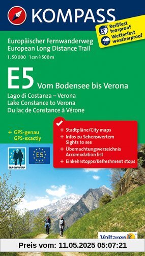 E5 Vom Bodensee bis Verona: Wander-Tourenkarte. GPS-genau. 1:50000