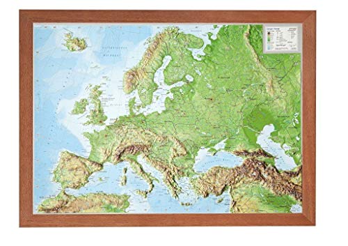 Europa klein 1:16.000.000 mit Rahmen: Reliefkarte Europa klein mit Holzrahmen: Tiefgezogenes Kunststoffrelief