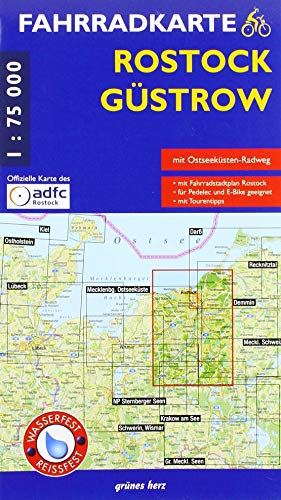 Fahrradkarte Rostock, Güstrow: Mit Fahrrad-Stadtplan Rostock (Maßstab 1:20.000). Mit Ostseeküsten-Radweg. Offizielle Karte des ADFC-Regionalverbandes ... Wasser- und reißfest. (Fahrradkarten) von Grünes Herz