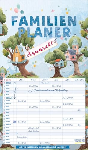 Familienplaner Aquarell 2026: Familientimer, 6 große Spalten. Mit Ferienterminen, extra Spalte und Vorschau bis März 2027 und vielem mehr. Format: 27 x 46 cm von Korsch Verlag