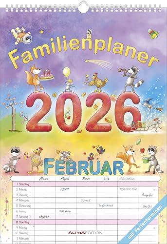Familienplaner Cartoon 2026 - Familienkalender A3 (29,7x42 cm) - mit 6 Spalten, Ferienterminen (DE/AT/CH) und viel Platz für Notizen - Wandkalender: by Silke Leskien von ALPHA EDITION