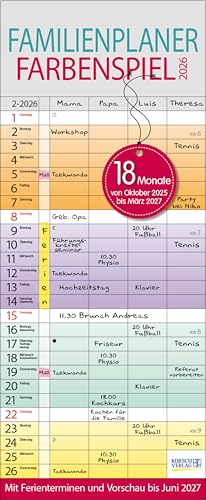 Familienplaner Farbenspiel 18 Monate 2026/2027: Familienkalender mit 4 Spalten, Wandkalender von Oktober 2025 bis März 2027. Ferientermine und Vorschau bis Juni 2027. von Korsch Verlag