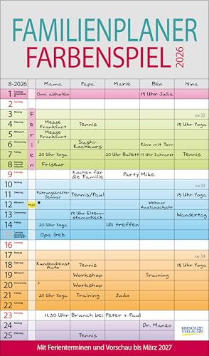 Familienplaner Farbenspiel 2026: Familienkalender, 5 breite Spalten, guter Überblick durch farbliche Wochen. Mit Ferienterminen, Vorschau bis März 2027 und nützlichen Zusatzinformationen. von Korsch Verlag