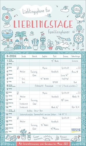 Familienplaner Lieblingspläne für Lieblingstage 2026: Familienkalender, 6 große Spalten. Familientimer mit Ferienterminen, extra Spalte und Vorschau bis März 2027. Format: 27 x 46 cm von Korsch Verlag