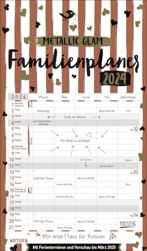 Familienplaner Metallic Glam 2024: Familienkalender, 5 breite Spalten, echter Metallic Glanz. Mit Ferienterminen, Vorschau bis März 2025 und vielem mehr. von Korsch Verlag