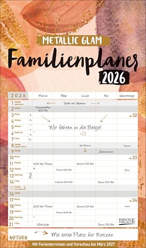 Familienplaner Metallic Glam 2026: Familienkalender, 5 breite Spalten, echter Metallic Glanz. Mit Ferienterminen, Vorschau bis März 2027 und vielem mehr. von Korsch Verlag