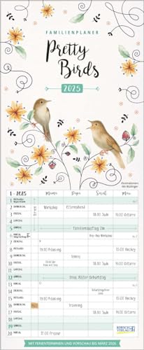 Familienplaner Pretty Birds 2025: Familientimer - 4 große Spalten mit viel Platz. Hochwertiger Familienkalender für Vogelliebhaber und Vorschau bis März 2026. 19 x 46 cm. von Korsch Verlag