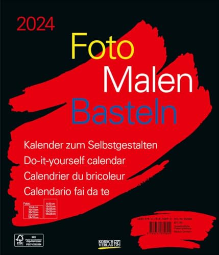Foto-Malen-Basteln Bastelkalender schwarz groß 2024: Fotokalender zum Selbstgestalten. Do-it-yourself Kalender mit festem Fotokarton. Format: 30 x 35 cm von Korsch Verlag