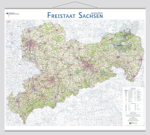 Freistaat Sachsen auf einen Blick!: Wandkarte mit Aufhänger und Bestäbung (Wandkarten des BKG)
