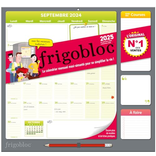 Frigobloc Mensuel 2025 - Calendrier d'organisation familiale / mois (de sept. 2024 à déc. 2025): Le calendrier mensuel maxi-aimanté pour se simplifier la vie ! Avec 1 crayon