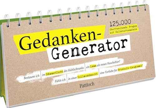 Gedanken-Generator: 125.000 überraschende Fragen zur Selbsterkenntnis | Spiralaufsteller quer mit dreigeteilten Seiten. Zufallsgenerator mit lustig-absurden Fragen zur Selbstreflexion. Gedanken-Generator: 125.000 überraschende Fragen zur Selbsterkenntnis | Spiralaufsteller quer mit dreigeteilten Seiten. Zufallsgenerator mit lustig-absurden Fragen zur Selbstreflexion.