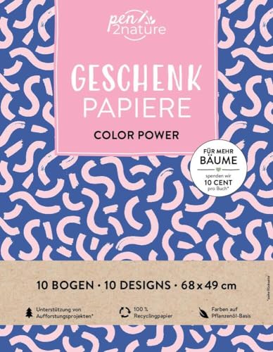 Geschenkpapier-Buch Color Power | 100% Recyclingpapier: 10 Bogen Geschenkpappier 68 x 49 cm gefaltet in 10 farbenfrohen Designs