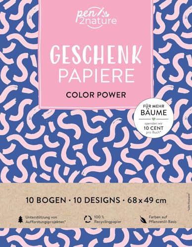Geschenkpapier-Buch Color Power | 100% Recyclingpapier: 10 Bogen Geschenkpappier 68 x 49 cm gefaltet in 10 farbenfrohen Designs