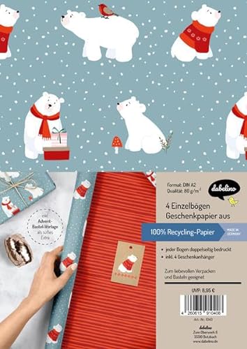 Geschenkpapier Set Weihnachten: Eisbär (für Kinder): 4x doppelseitige Einzelbögen + 4x Geschenkanhänger von dabelino
