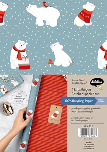 Geschenkpapier Set Weihnachten: Eisbär (für Kinder): 4x doppelseitige Einzelbögen + 4x Geschenkanhänger von dabelino