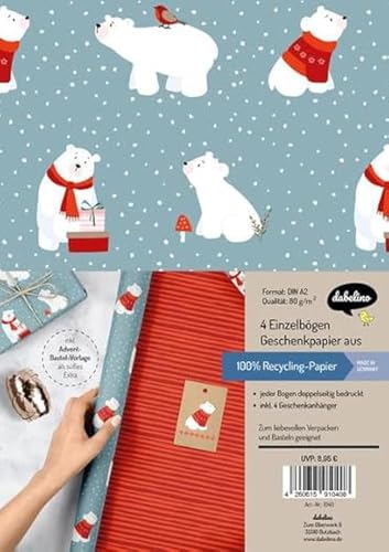 Geschenkpapier Set Weihnachten: Eisbär (für Kinder): 4x doppelseitige Einzelbögen + 4x Geschenkanhänger