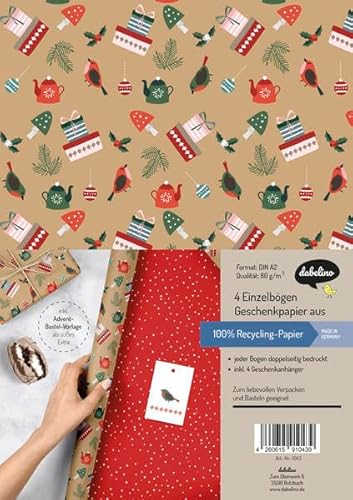 Geschenkpapier Set Weihnachten: Modernes Ornamente-Muster: 4x doppelseitige Einzelbögen + 4x Geschenkanhänger von dabelino