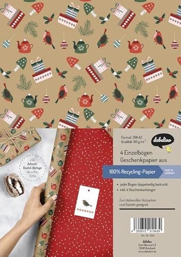 Geschenkpapier Set Weihnachten: Modernes Ornamente-Muster: 4x doppelseitige Einzelbögen + 4x Geschenkanhänger von dabelino