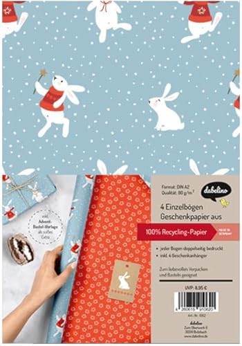 Geschenkpapier Set Weihnachten: Schneehase (für Kinder): 4x doppelseitige Einzelbögen + 4x Geschenkanhänger von dabelino