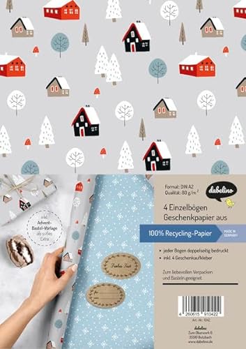 Geschenkpapier Set Weihnachten: Skandinavische Winterlandschaft: 4x doppelseitige Einzelbögen + 4x Geschenkaufkleber