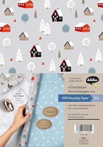 Geschenkpapier Set Weihnachten: Skandinavische Winterlandschaft: 4x doppelseitige Einzelbögen + 4x Geschenkaufkleber