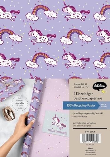 Geschenkpapier-Set für Kinder: Einhorn: 4x Einzelbögen + 1x Postkarte von dabelino