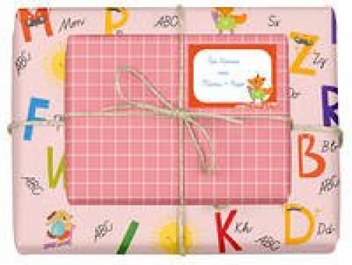 Geschenkpapier-Set für Kinder: Einschulung (für Mädchen): 4x Einzelbögen + 4x Schulheft-Etiketten