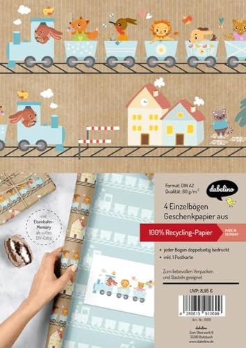 Geschenkpapier-Set für Kinder: Eisenbahn: 4x Einzelbögen + 1x Postkarte
