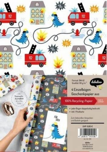 Geschenkpapier-Set für Kinder: Feuerwehr/ Dinosaurier: 4x Einzelbögen + 1x Postkarte
