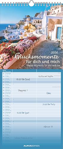 Glücksmomente für dich und mich 2026 - Familien-Timer 19,5x45 cm - 2 Spalten - Wand-Planer - viel Platz für Eintragungen - Familienkalender - Alpha Edition von ALPHA EDITION