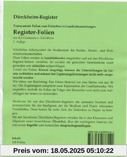 Griffregister-FOLIEN (edition A-13) zum Einheften und Unterteilen der Gesetzessammlungen mit original Dürckheim Griffregister (2013)