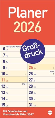 Großdruck Planer 2026: Praktischer Wandplaner mit extra großer Schrift. Großer Wandkalender mit Schulferien und 3-Monats-Ausblick. Terminkalender 2026. 21 x 45 cm (Bürokalender Heye) von Heye