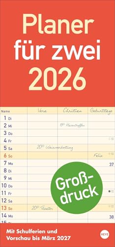 Großdruck Planer für zwei 2026: Praktischer Wandplaner für 2 mit extra großer Schrift und 3 Spalten. Wandkalender mit Schulferien und 3-Monats-Ausblick. Terminkalender 2026 (Familienplaner Heye) von Heye