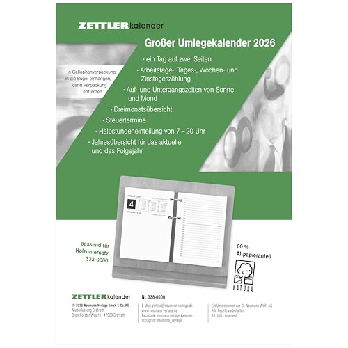 Großer Umleg-Kalender 2026 - 10,5x14,2 cm - 1 Tag auf 2 Seiten - zum Einheften - Bürokalender mit 2-fach Lochung - Stundeneinteilung von 7 - 20 Uhr - 338-0000 Großer Umleg-Kalender 2026 - 10,5x14,2 cm - 1 Tag auf 2 Seiten - zum Einheften - Bürokalender mit 2-fach Lochung - Stundeneinteilung von 7 - 20 Uhr - 338-0000 von ZETTLER Kalender