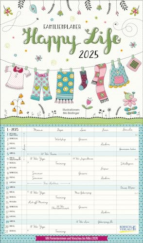 Happy Life 2025: Familienplaner, 5 große Spalten. Mit Ferienterminen, extra Spalte und Vorschau bis März 2026. Format: 27 x 46 cm von Korsch Verlag