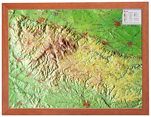Harz 1:200000 mit Rahmen: Reliefkarte Harz klein mit Holzrahmen: Tiefgezogenes Kunststoffrelief von georelief Vertriebs GbR