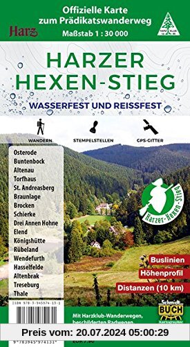 Harzer Hexen-Stieg: Offizielle Karte zum Prädikatswanderweg - wasserfest und reißfest