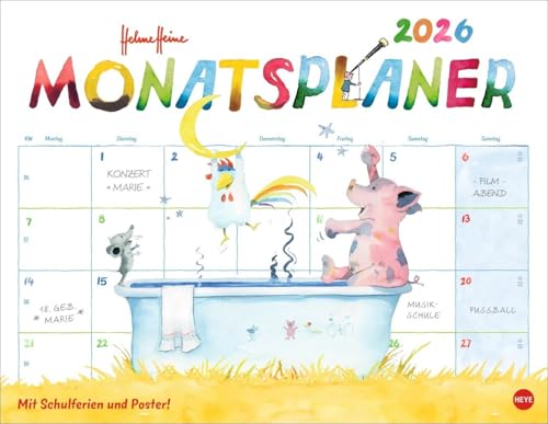 Helme Heine: Monatsplaner 2026: Liebevoll illustrierter Wandkalender von Helme Heine mit den drei Freunden. Termin-Kalender 2026 zum Eintragen. 44 x 34 cm. Querformat. (Helme Heine Kalender Heye) von Heye