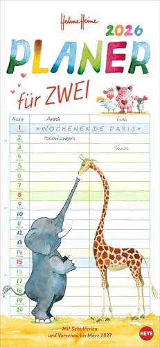 Helme Heine: Planer für zwei 2026: Wandkalender 2026 zum Eintragen mit Schulferien und 3-Monats-Vorschau. Partnerkalender 2026 mit den tierischen drei ... im Format 16 x 34,7 cm (Familienplaner Heye) von Heye